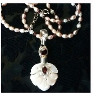 Sajen Stunning Carved MOP Garnet Sterling and Freshwater Pearl Pendent/Necklace